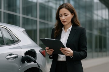 Woman with Clipboard Near Charging Electric Car