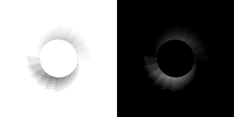 Dynamic abstract spiral sound wave rhythm lines. Circular spiral sound wave rhythm of lines. Circular futuristic abstract lines, black and white background.