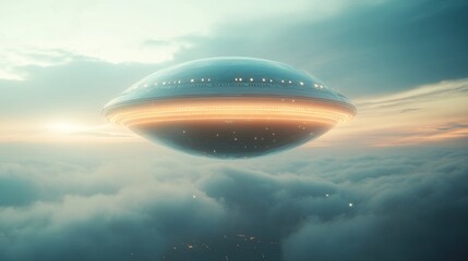 Fototapeta premium A futuristic UFO hovers above clouds at sunrise. Cities are visible below