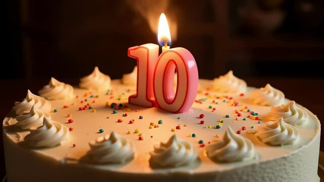  Festive Birthday Cake with Number Tenth Candle Lit Delightful Sweet Treat Delicious Celebration