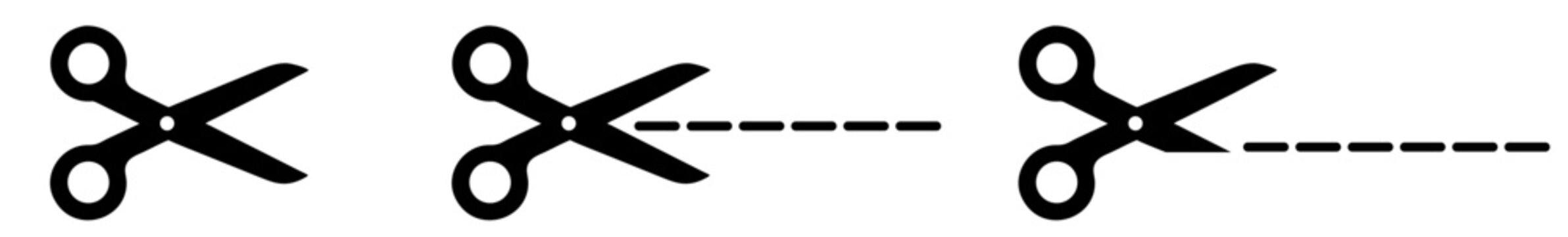  Monochrome scissors icon set with dotted cut line, "cut here" symbol for instructions