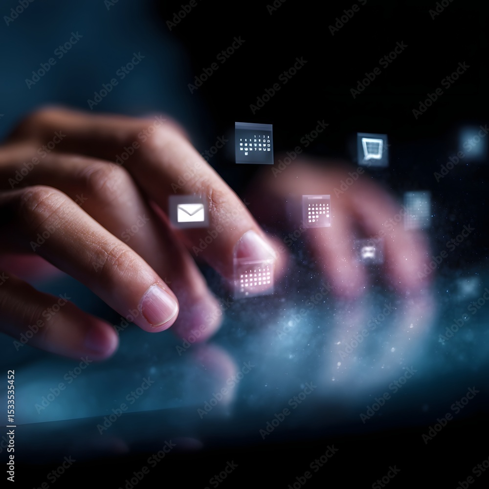 Poster hands navigating a holographic calendar and message interface