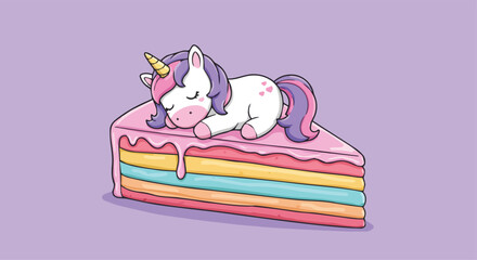 Cute Unicorn Sleeping on a Slice of Cake