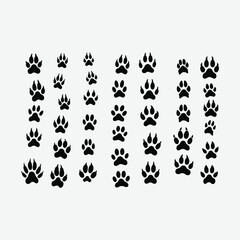 A clean vector collection of black animal paw print silhouettes featuring bears, cats, birds. Ideal for educational, graphic, or design use. Isolated on white background.