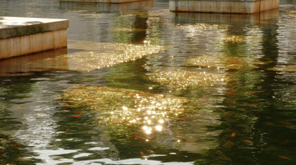 sunlight reflections dancing on mirrored aquarium surface creating mesmerizing play of light