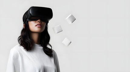 A person wearing a virtual reality headset on a clean minimal white background with floating digital icons