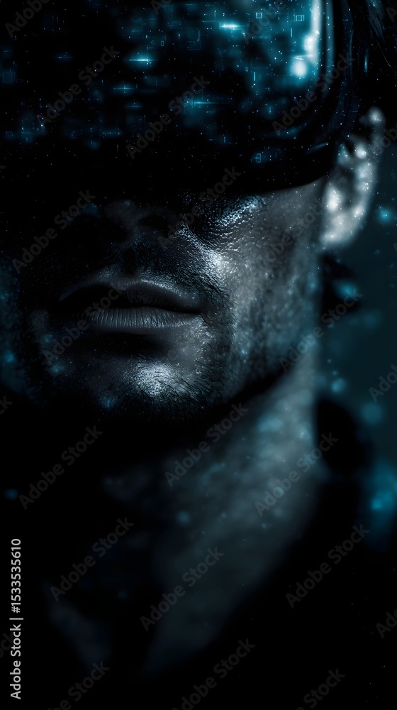 Poster man immersed in a virtual world of data and technology