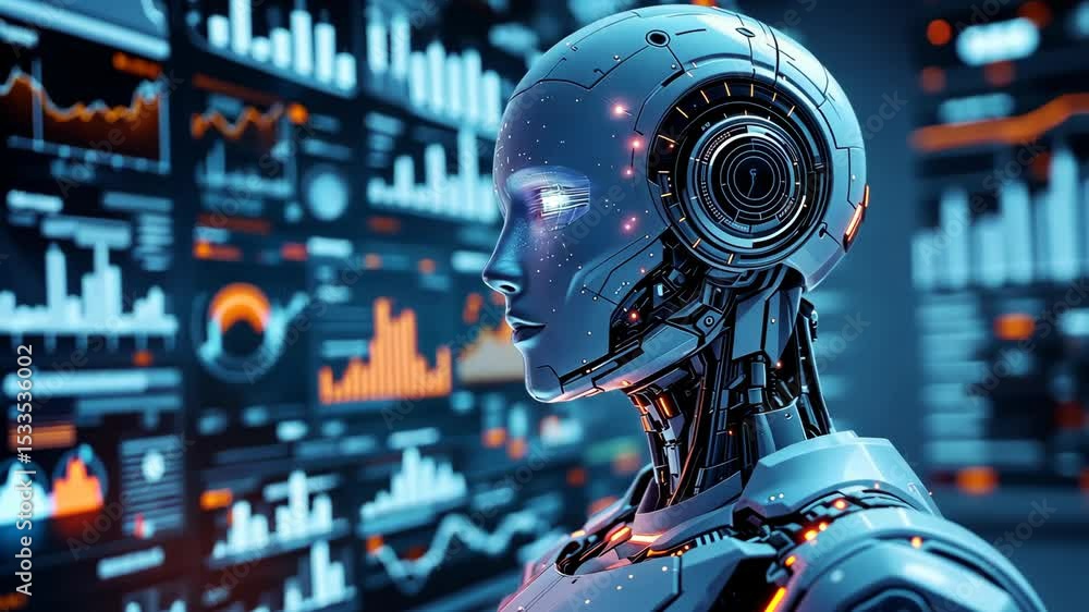 Poster a sleek robot analyzes data on screen, representing the future of artificial intelligence.
