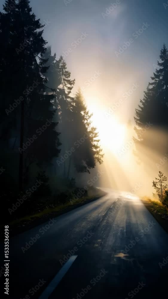 Poster road winding through a misty evergreen forest with sunlight beaming through the trees illuminating t