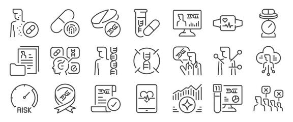 Personal medicine icon set. It included science, Tailored Pill, DNA Match, medical and more icons. Editable Vector Stroke.