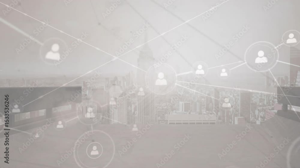 Aufkleber network graph forming on foggy terrace after avatar fading in and linking icons to visualize growth
