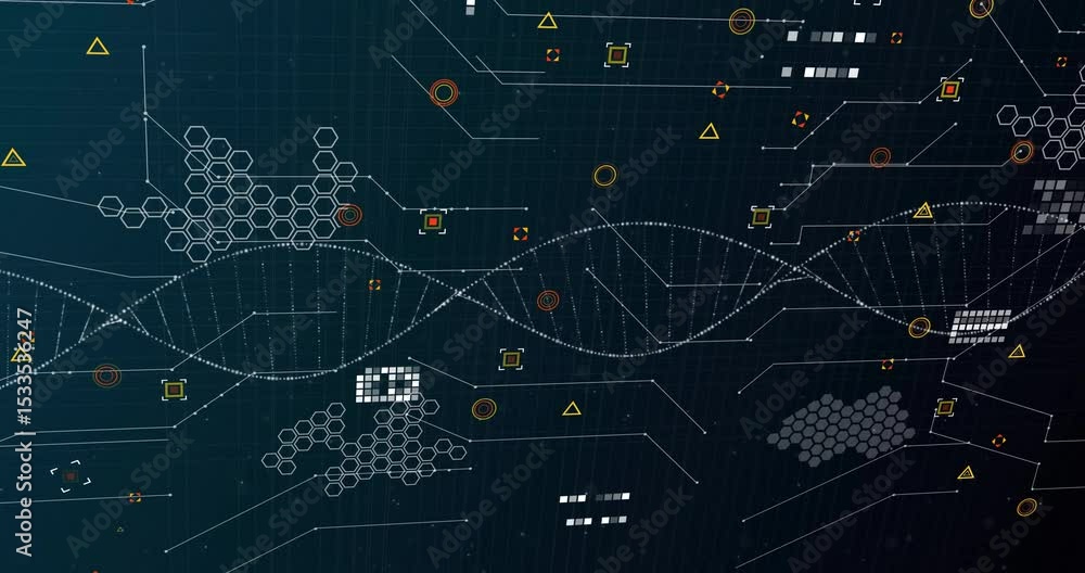 Aufkleber animation opening backdrop, shapes fading, clusters and grids forming, helix pulsing for data sync