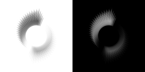 Dynamic abstract spiral sound wave rhythm lines. Circular spiral sound wave rhythm of lines. Circular futuristic abstract lines, black and white background.