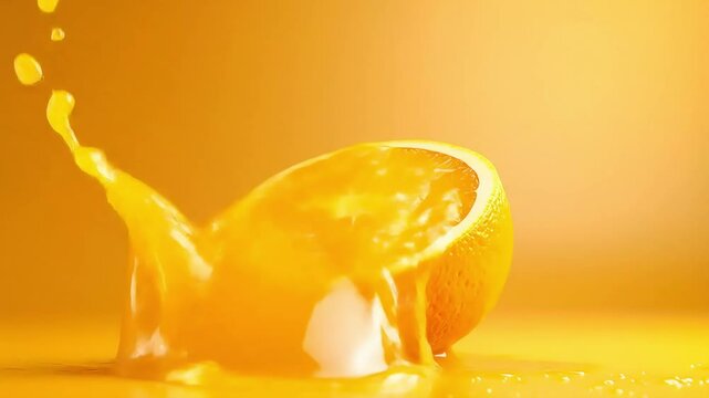 Fresh orange half with juice pouring down, splashing, and creating a vibrant scene