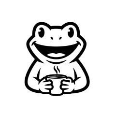 Funny Frog Logo, Happy Frog Holding a Cup of Coffee