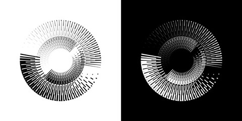 Dynamic abstract spiral sound wave rhythm lines. Circular spiral sound wave rhythm of lines. Circular futuristic abstract lines, black and white background.