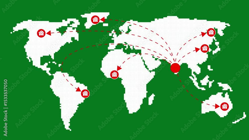 Poster abstract world map animated with home icon pointers ,travel concept. gps location services, global b