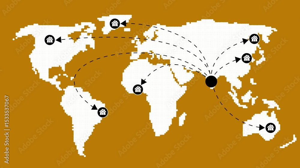 Poster abstract world map animated with home icon pointers ,travel concept. gps location services, global b
