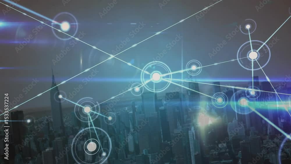 Poster single glowing node emerging over city skyline spawning linked nodes via lines expanding network
