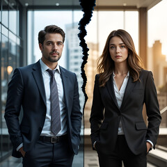 Business partners divided by a betrayal, each standing on opposite sides of a split screen, contrasting environments