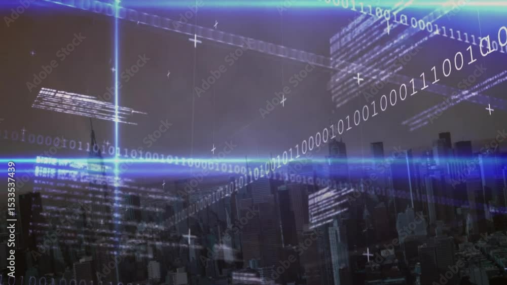 Poster starting pulsing beam overlaying skyline with streaming ribbons and merging data blocks into flow