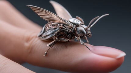 Obraz premium Detailed steampunk insect figurine on a finger.