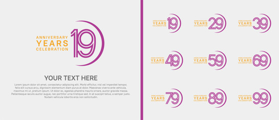 logo anniversary set. orange and purple color with swoosh on white background for special event