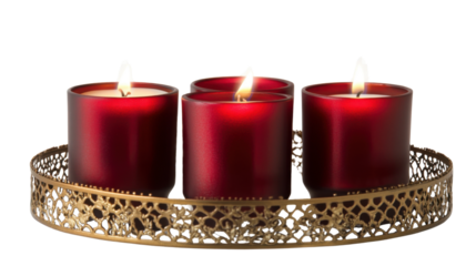 Red candles in sophisticated golden candle holder isolated on white background
