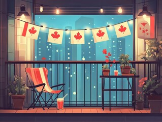 Cozy Balcony Canada Day Celebration at Night with Maple Leaf Flag Banners, Potted Flowers, Fairy Lights, Lounge Chair, and Drink under City Glow