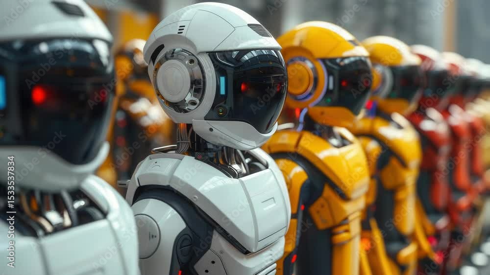 Poster futuristic robots in a row, advanced androids with white, yellow, and red bodies. modern robots show