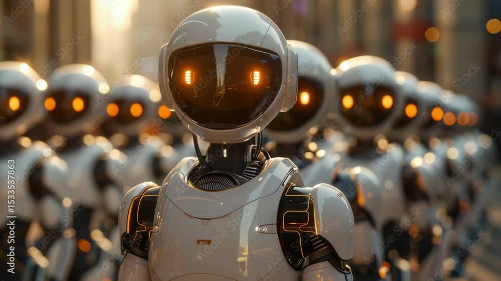 Poster futuristic robots standing in line. advanced androids in a row show glowing eyes. army of robots rea