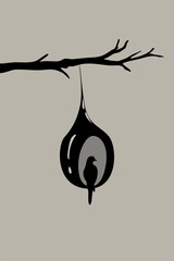 Beautiful bird sitting in their shelter hanging to a tree branch - vector illustration