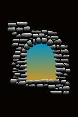 Beautiful stone brick arch with outside view isolated on black background - vector illustration