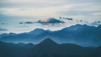 A landscape of mountains with a cloudy sky, the mountains are blue and the sky is blue.