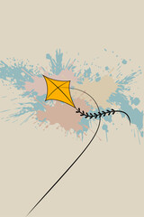 Beautiful yellow kite with paint splash background isolated on light background - vector illustration