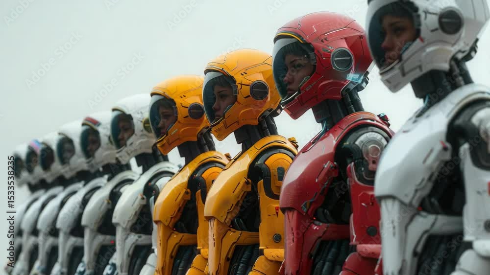 Poster row of robots in white, yellow, and red suits. futuristic robots stand in line, showcasing diverse c