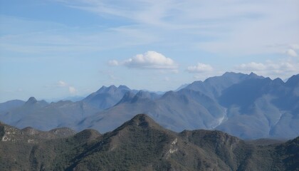 A landscape of mountains with a cloudy sky, the mountains are blue and the sky is blue.