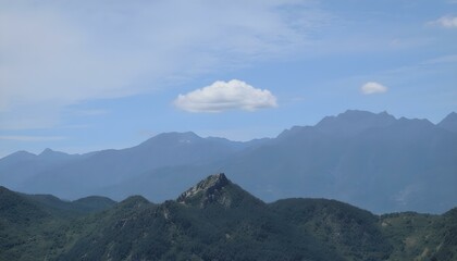 A landscape of mountains with a cloudy sky, the mountains are blue and the sky is blue.