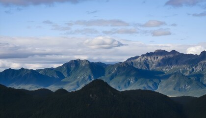 A landscape of mountains with a cloudy sky, the mountains are blue and the sky is blue.