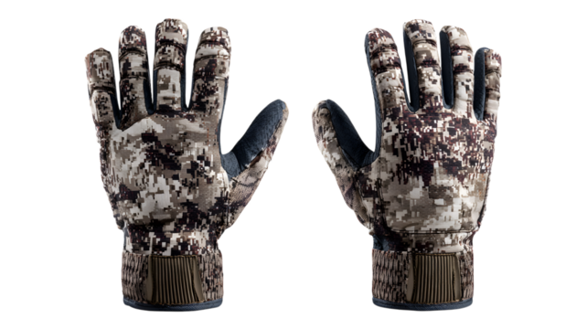Pair of camouflage pattern hunting gloves isolated on black background