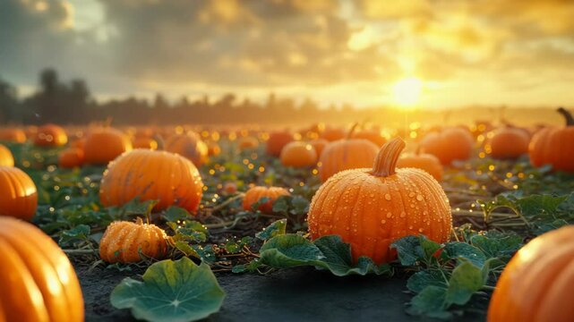 Autumn pumpkin patch at sunset. Orange pumpkins in field at golden hour. Fall harvest season concept for thanksgiving cards, autumn banners, and seasonal social media.