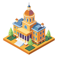 vector of a municipal city hall with dome, steps, and clock tower in isometric structure, isolated on white
