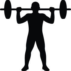 Silhouette weightlifter lifts barbell black and white vector illustration