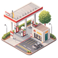 vector of a roadside gas station with fuel pumps, convenience store, and canopy, isometric angle, isolated on white
