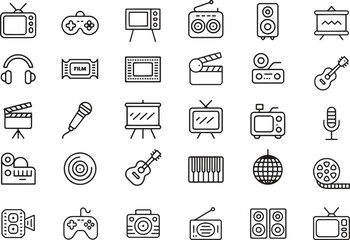 Entertainment and Media Line Icons Set. Music, film, news, streaming. vector illustration. Editable Stroke