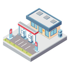 vector of a roadside gas station with fuel pumps, convenience store, and canopy, isometric angle, isolated on white
