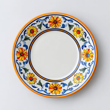 Colorful floral ceramic plate with orange and yellow flowers on white background