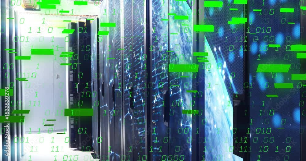 Poster green binary digits appearing triggers server racks flooding data blocks, visualizing big data flow