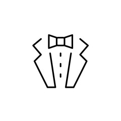 Tuxedo suit with bow tie. Celebration, wedding and high society events. Pixel perfect vector icon