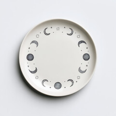 White ceramic plate with moon phases and stars handdrawn border design